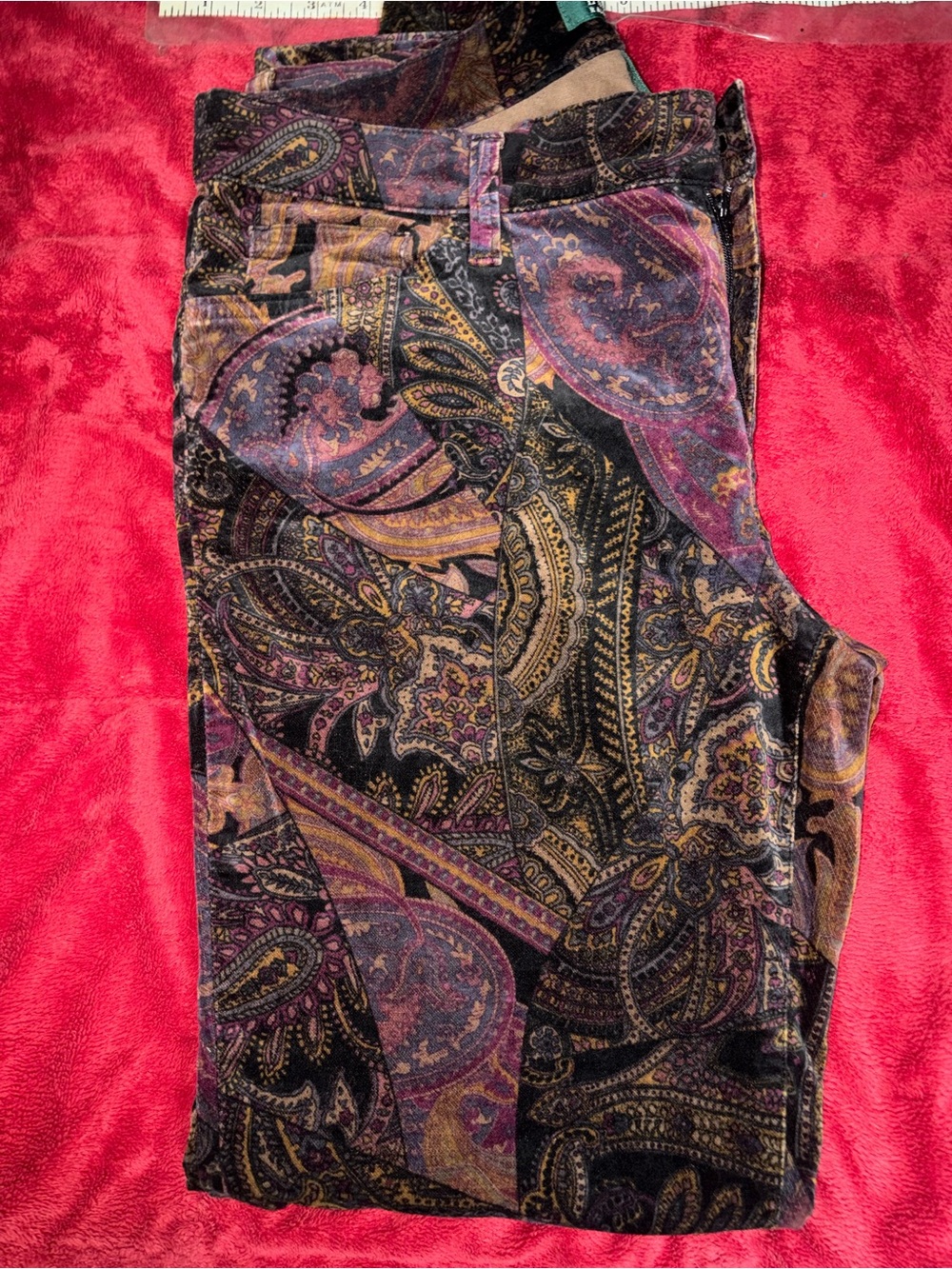 Lauren Ralph Lauren Velvet Corduroy Paisley pants with Purple & Gold Accents